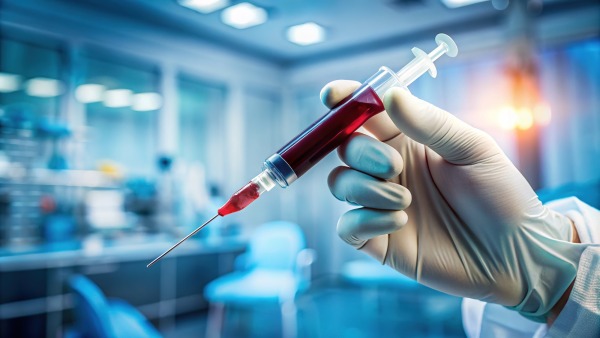 A close-up shot of a gloved hand holding a syringe with a small amount of blood inside, set against a blurred medical equipment background.